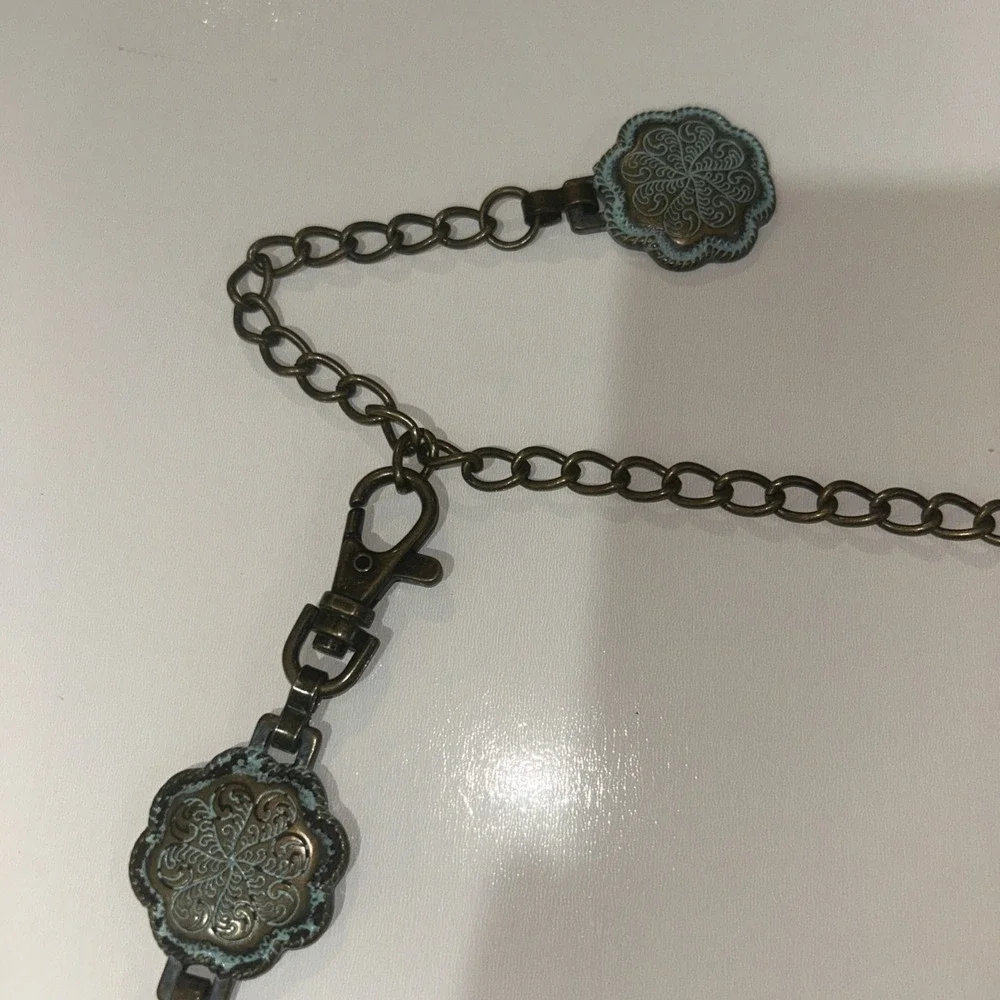 Vintage Style Western Concho Chain Belt‎ Turquoise Patina Floral Boho
